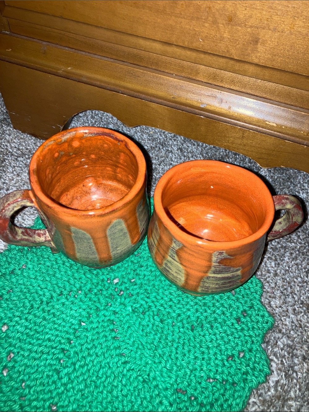 Hand Crafted Orange and Green Drip Ceramic Mugs - Pair